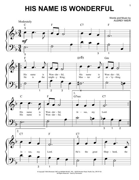 His Name Is Wonderful by Audrey Mieir Sheet Music for Big Note Piano at ...