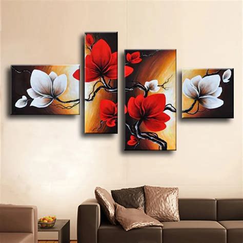 4 Piece Picture Wall Art Set Handpainted Abstract Flower Oil Painting Modern Home Decor Floral ...