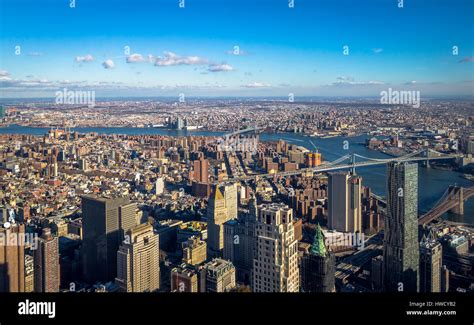 Aerial view of Brooklyn Bridge and Manhattan Bridge - New York, USA ...