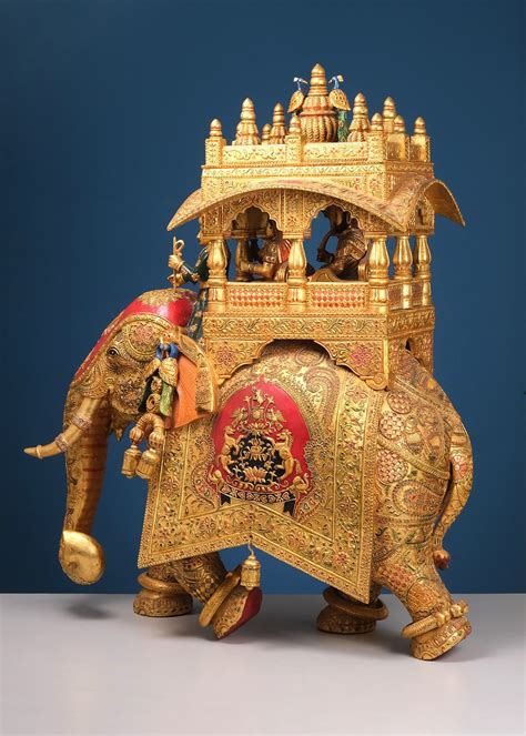 40" Large Wooden Elephant with Embossed Ambari | Exotic India Art