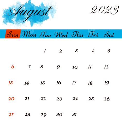 August 2023 Calendar White Transparent, Blue Color Calendar August 2023, 2023, August, Calendar ...