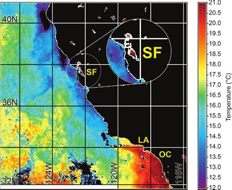 Map of sea surface temperatures in the Pacific Ocean, representing ...