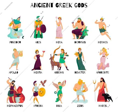 Colorful cartoon icons set with male and female ancient greek gods and their names isolated on ...