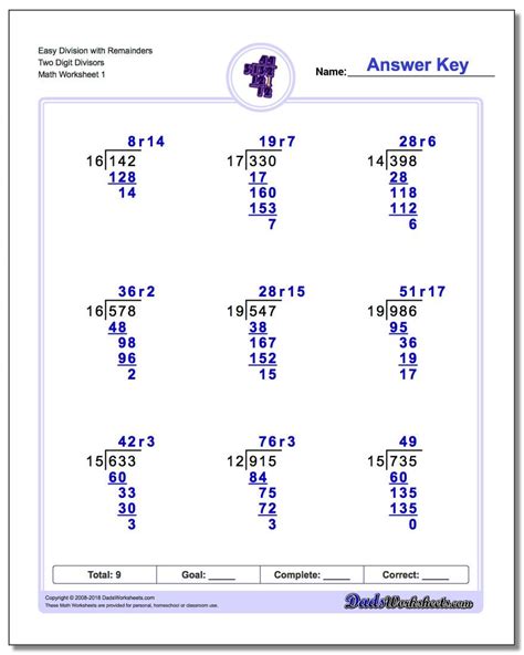 2 Digit Divisor Division Worksheets