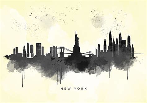 New York City Skyline, Black & White Watercolour Abstract Art Print ...