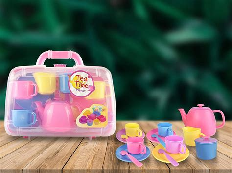 Vinsani 15 Piece Colourful Plastic Tea Party Set Includes Teapot, Jug, Sugar Bowl, Saucers ...