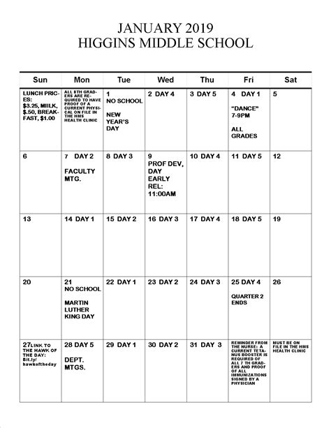 Higgins Middle School January 2019 Calendar : Peabody Public Schools