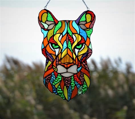 Stained Glass Hanging Mountain Lion Glass Suncatcher Puma - Etsy