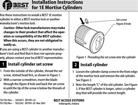 BEST Installation Instructions For 1E Mortise Cylinders T61781 T61782