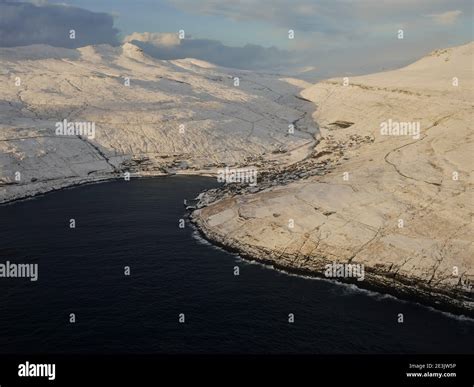 Aerial View of snowy Faroe Islands Stock Photo - Alamy