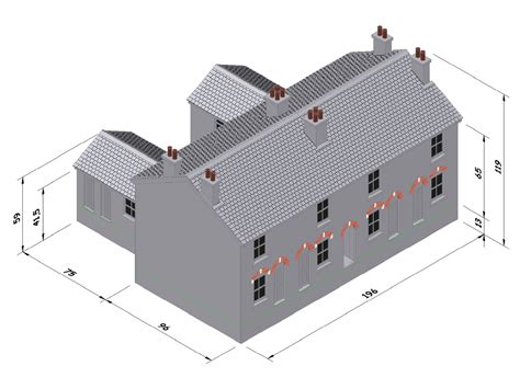 an architectural drawing of a house with two chimneys and three dormers on the roof