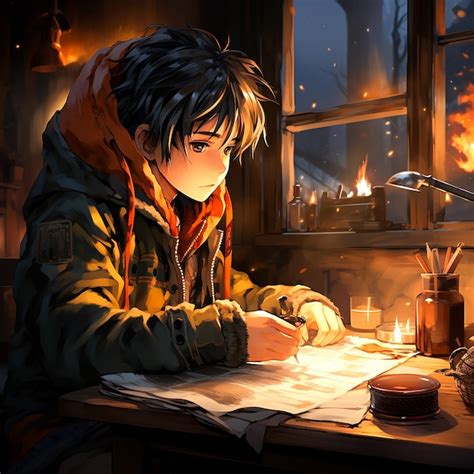 Premium AI Image | Cartoon lofi young manga style boy studying while ...