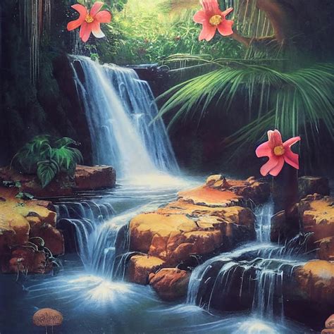 Premium AI Image | A painting of a waterfall with a pink flower on it.