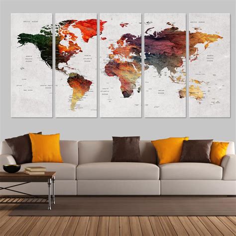 World Map Canvas Push Pin Travel Map Colorful Canvas Decor | Etsy