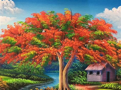 Flamboyant Tree Painting Colorful Oil Painting Landscape | Etsy