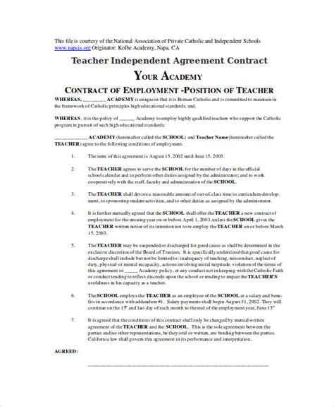 FREE 17+ Teacher Agreement Contract Samples & Templates in Word, PDF