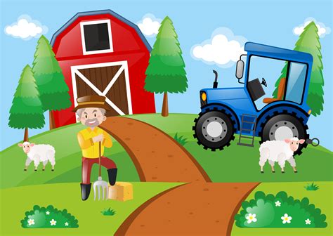 Farm scene with farmer in the field 369749 Vector Art at Vecteezy