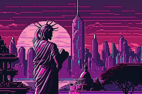 Premium Photo | A pixel art style image of a statue of liberty in front of a city.