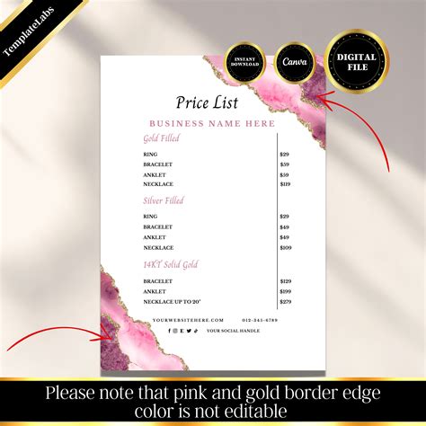 Permanent Jewelry Price List, Printable Price List, Price Guide Canva, Editable Template ...