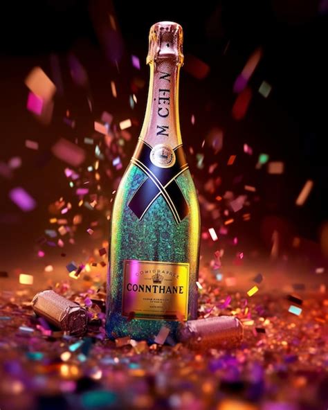 Premium AI Image | a bottle of champagne with a green background and confetti in the background.