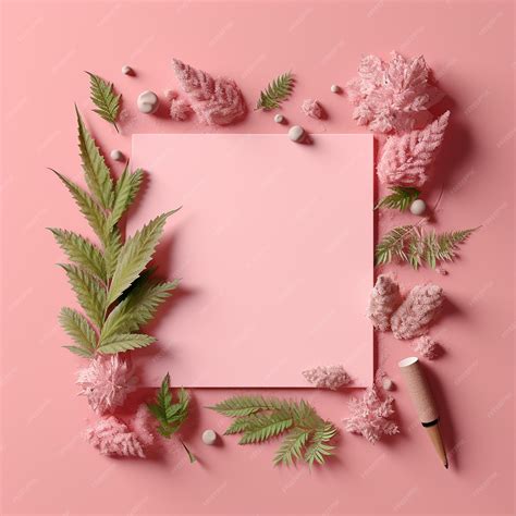Premium AI Image | A pink frame with leaves and a pencil on a pink background.