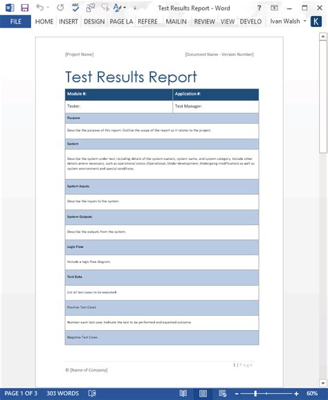 Test Results Report form – MS Word – Software Testing