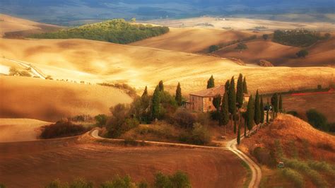 Wallpaper Italy, Tuscany, fields, autumn, house, trees, road 1920x1080 Full HD 2K Picture, Image