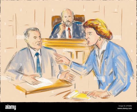 Pastel pencil pen and ink sketch illustration of a courtroom trial ...