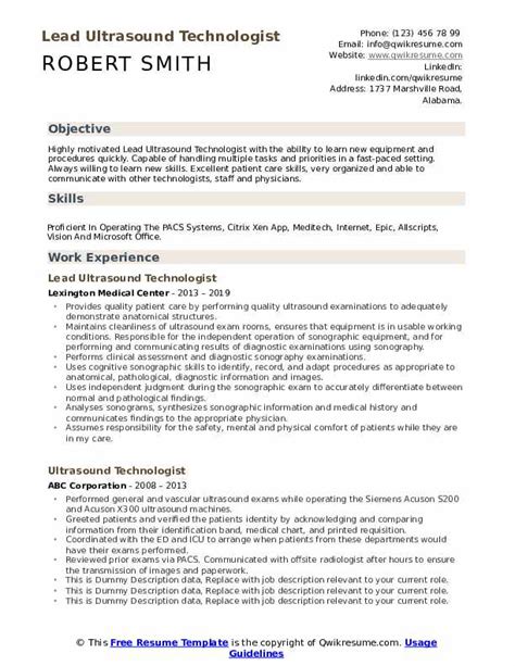 Ultrasound Technologist Resume Samples | QwikResume