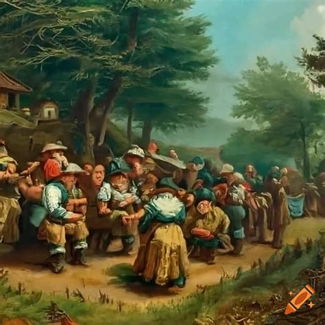 Baroque painting of village celebration near a forest