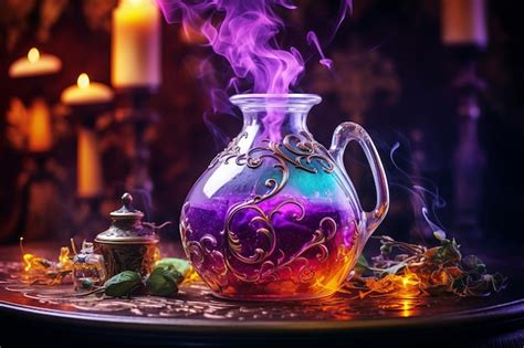 Premium AI Image | Explore a colorful alchemical tableau with potion smoke and magic brought to ...