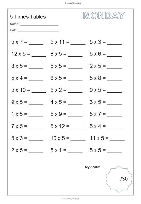 Daily Printable 5 X Times Tables Practice Worksheets With Answers ...