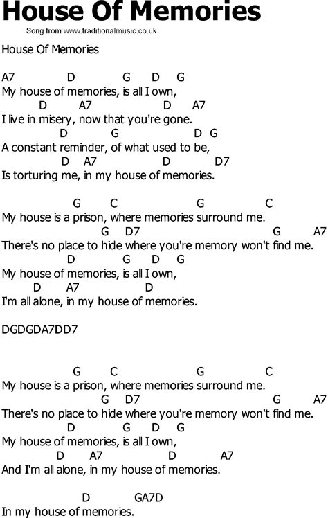 Old Country song lyrics with chords - House Of Memories