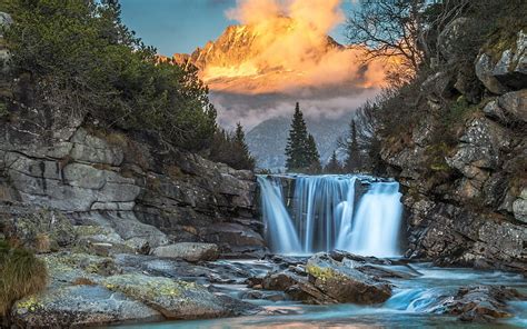 Waterfall, mountain river, forest, sunset, mountains, USA, HD wallpaper | Peakpx