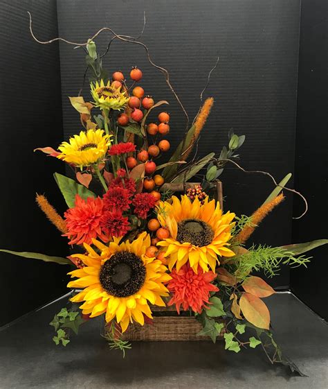 Fall Sunflowers in Beverage Crate by Andrea | Fall floral, Silk floral arrangements, Flower ...