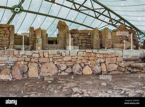 Qrendi, Malta - April 2nd 2019: The megalithic Mnajdra temple which dates back to 3600 BC and is ...