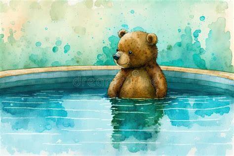 Cute Teddy Bear Swimming in Swimming Pool Watercolour, Created with Generative AI Technology ...