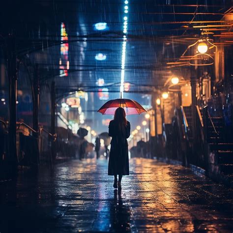 Premium AI Image | Abstract photography of a girl with an umbrella rainy night in the citystyle