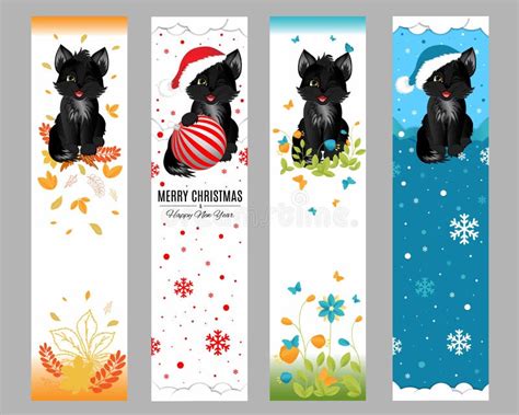 Set of Vector Bookmarks. Cute Little Black Cat in Different Seasons ...