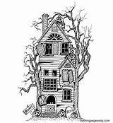 Haunted House And Scary Pumpkin Lights Coloring Page  Free Printable sketch template