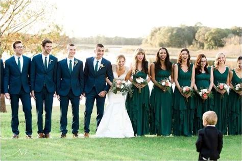 Bridal party and groomsmen, forest green bridesmaid dresses, navy suits ...