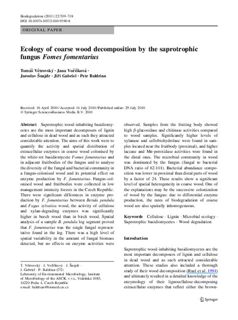 (PDF) Ecology of coarse wood decomposition by the saprotrophic fungus Fomes fomentarius | Tomáš ...