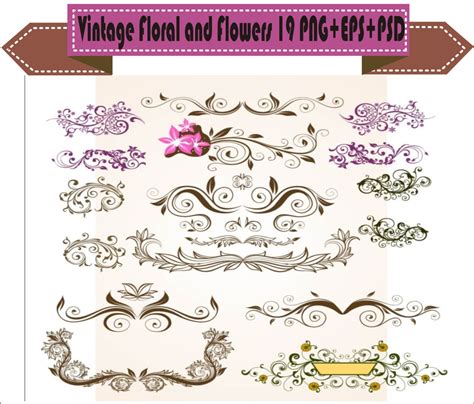 Vintage Floral and Flowers Corner Retro Vector Clipart PNG EPS PSD Set ...