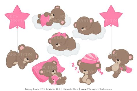 Beary Cute Sleepy Bears Clipart & Papers Set in Pink By Amanda Ilkov | TheHungryJPEG