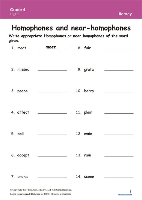 Homophones Worksheets For Grade 1