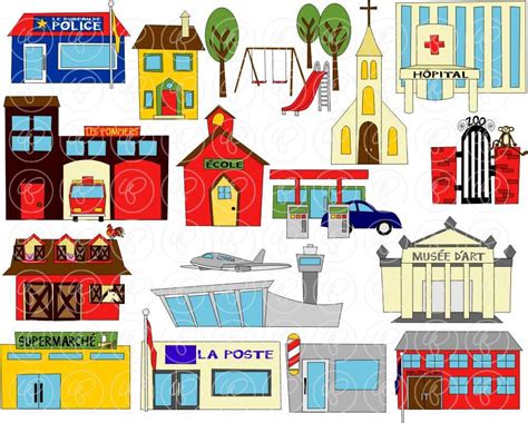 My Community Buildings in FRENCH Clipart: 300 dpi transparent