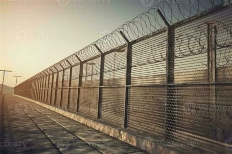 An image of a high-security prison fence or perimeter wall, symbolizing ...