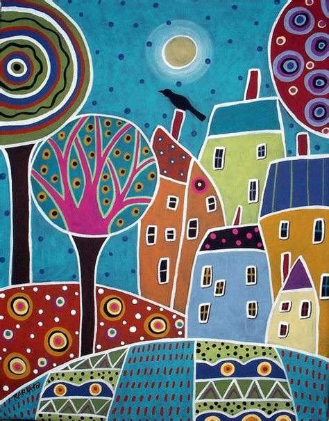 Village Houses- Original abstract folk art acrylic & oil painting on stretched canvas ...