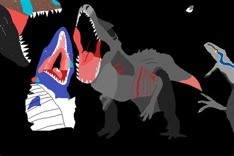 Pixilart - Rexy,Blue & Mosasaurus vs. Indominus Rex by XenoZombie725