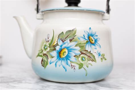 Enamel Floral Teapot - Vintage Camping Stovetop Enamelware with Blue Flowers - Lidded Retro Tea Pot